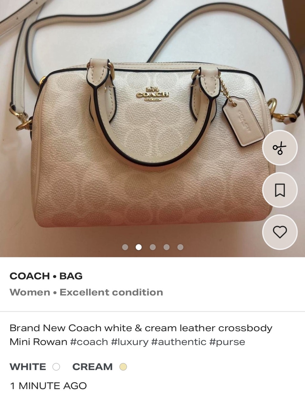 Coach Mini Rowan Crossbody Bag in White and Cream with Gold Hardware
